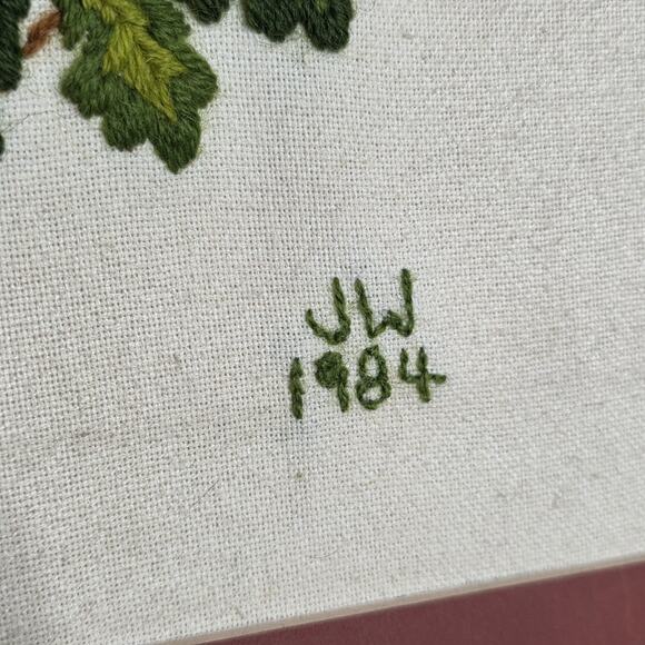 Vintage 1984 “Babes in the Wood” Needlepoint Crewel Framed Woodland Art, 21x21 - Picture 3 of 8